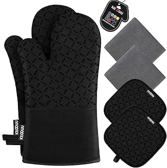 KEGOUU Oven Mitts and Pot Holders 6pcs Set, Kitchen Oven Glove High Heat Resistant 500 Degree Extra Long Oven Mitts and Potholder with Non-Slip Silicone Surface for Cooking (Black)