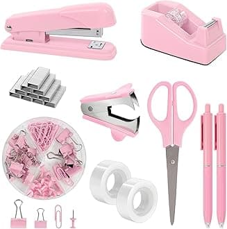 SKYDUE Pink Office Desk Accessories, Pink Office Supplies, Stapler, Tape Dispenser, Scissors, Clips and 1000pcs Staples,Office Supplies for Desk for Women