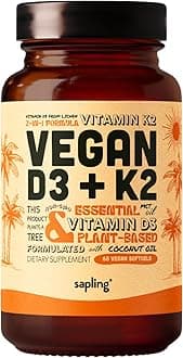 sapling Vegan Vitamin D3 + K2 Supplement with MCT Oil from Coconut - 4000 IU Vitamin D and 100mcg Vitamin K2 as Mk7 - Calcium Absorption, Bone Strength, and Immune Health Support* - 60 Softgels