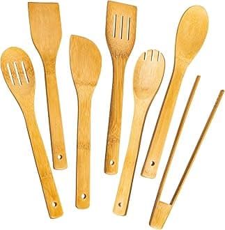 Eisinly Wooden Spoons for Cooking 7-Piece, Kitchen Nonstick Bamboo Cooking Utensils Set, Durable and Healthy Bamboo Wooden Spatula Spoon for Cooking,