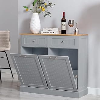Double Tilt Out Trash Cabinet 20 Gallon, Freestanding Wooden Kitchen Trash Recycling Cabinet with Drawer & Removable Cutting Board, Dog Proof Trash Can Cabinet, Grey