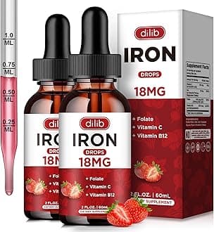 dilib (2 Pack) Liquid Iron Supplement for Women & Men Iron Drops Iron Supplements for Anemia with Folate, Vitamin C, B12 for Red Blood Cell Support-Strawberry, 4 Fl Oz