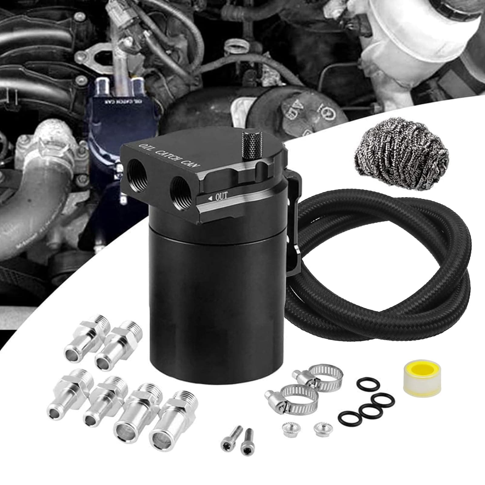 RULLINE Universal 350ml Oil Catch Can Tank 0046 Aluminum Polish Baffled Reservoir Black Upgraded Braided Hose