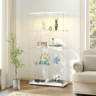 Zevemomo Tempered Glass Display Cabinet with Lights, 4-Tier Curio Cabinet with Glass Doors and Lock, Glass Display Case for Collectibles, for Living Room, Bedroom, Office, Double Door, White