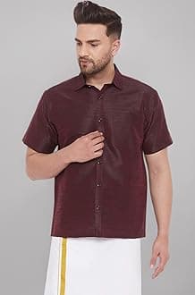 VASTRAMAY Men's Silk Blend Ethnic Shirt - Half Sleeves, South Indian Traditional Shirt for Weddings, Festivals, & Casual Wear