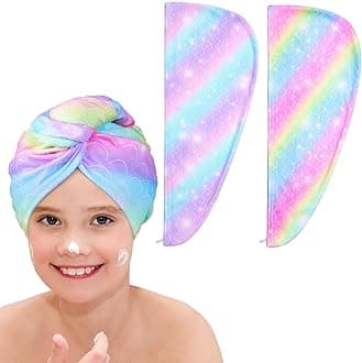 Basumee Microfiber Hair Towel Wrap for Kids 2 Pack Rapid Drying Hair Towel with Button Hair Turbans for Wet Hair Wraps Head Towel Wrap for Women and Girls, Rainbow