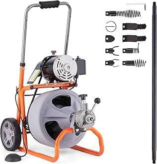 VEVOR Drain Cleaner Machine 100FT x 3/8 Inch, Auto Feed Sewer Snake Drain Auger on Wheels, Portable Drain Cleaning Machine with 8 Cutters & Air-activated Foot Switch for 2" to 4" Pipes