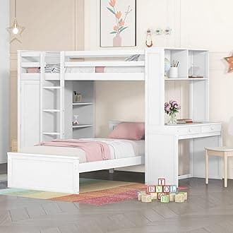 Twin Over Twin Bunk Bed with Built-in Desk and Wardrobe, Solid Wood Loft Bed & Stand-alone Platform Bed with Storage Shelves and Safety Guardrail for Kids Teens Adults, Maximize Space (White-4)