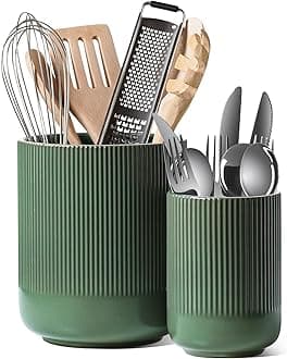 Utensil Holder for Kitchen Counter, 7.3"+5.4" Fluted Ceramic Utensil Crock Organizer for Countertop, Heavy Large Holder for Spatulas, Spoons, Set of 2, Forest Green