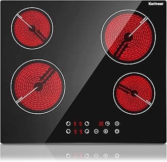 KarinearDrop-in 4 Burner Electric Cooktop 24 Inch Electric Radiant Cooktop, Electric Stove Top with Residual Heat Indicator, Child Safety Lock, Timer, 220-240V, 6000W, Hard Wire(No Plug)
