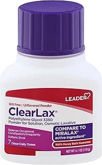 Leader ClearLax Osmotic Laxative Powder, Polyethylene Glycol 3350, Relieves Occasional Constipation, for Adults and Children 17+, Grit Free, Unflavored Powder for Solution, Compare to Miralax, 4.1 oz