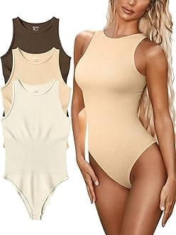 FUNNYBSG Womenâ€™s Sexy Ribbed Bodysuit Tops - 3 Piece Sleeveless Halter Neck Bodysuits with Tummy Control (Color : Coffee Milktea Beige, Size : M)