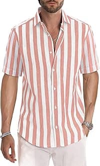 Men's Casual Stylish Short Sleeve Button-Up Striped Dress Shirt Cotton Beach Shirts