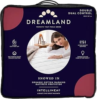Dreamland Electric Mattress Protector Double Size – Snowed In Organic Cotton, Fitted Sheet style, Fast Heat-Up, Timer with 6 Heat Settings, 2 x Detachable Controller, Machine Washable, 190 x 137cm