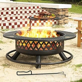 Panovue 42 Inch Outdoor Fire Pit with Grill, Large Firepit Table for Outside, Metal Round Firepits with Lid&Fire Poker,3 in 1 Wood Burning Fire Pits & Outdoor Fireplaces for Backyard,Patio(42'' Black)