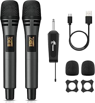 TONOR Wireless Microphones, UHF Cordless Handheld Dynamic Mics with 6.35mm Rechargeable Receiver, 60 m Range, 2 * 5 Adjustable Channels for Karaoke, Singing, DJ, Party, Speech, TW320, 2 Mics Grey