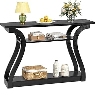 ZenStyle Wood Console Table with Curved Legs and Shelf, 3 Tier Modern Accent Sofa Table for Entrywaty, Living Room, Hallway, 47 in Wide, Easy Assembly (Black)