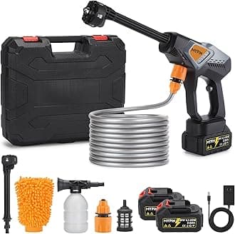 Portable Cordless Pressure Washer, 600 PSI with 21V 2 Rechargeable 2.0Ah Powered Pressure Washer, 6-in-1 Nozzle with 2 Batteries for Car/Fence/Garden/Floor/Yards Cleaning