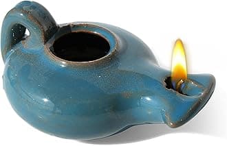 Herodian Blue Glazed Oil Lamp with Handle – Authentic Biblical Clay Candle Holder Replica from The Holy Land - Handmade Judaica & Christian Faith Gift with Certificate of Authenticity