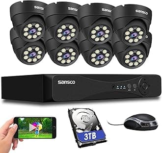 SANSCO 3K 8CH CCTV Security Camera System, 8 Channel DVR 3TB Hard Drive 24/7 Recording, 8 x 5MP Surveillance Dome Camera Outdoor, Color Night Vision, Human Face Vehicle Detection, APP/Email Alert