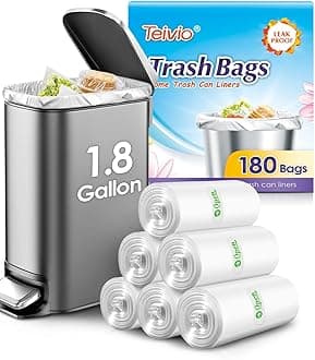 Teivio 1.8 Gallon 180 Counts Strong Trash Bags Garbage Bags, Bathroom Trash Can Bin Liners, Small Plastic Bags for home office kitchen, Clear