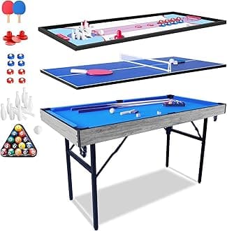 54" Upgrade Multi Game Table,5 in 1 Folding Portabel Games with Accessories,Ping Pong,Pool Billiard,Shuffleboard,Bowling,Hockey Combo Game Set for Indoor and Outdoor Family Game Table