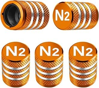 Tire Valve Stem Caps Cover - (5 Pack) Tire Air Cap N2 Nitrogen Metal with Plastic Liner Corrosion Resistant Leak-Proof for Car Truck Motorcycle Bike Orange