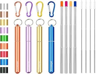 4 Pack Portable Reusable Metal Straw Collapsible Stainless Steel Drinking Straw Telescopic Straw to Drink Water Smoothie with Aluminum Key-chain Case & Cleaning Brush (Gold & purple & orange & blue)