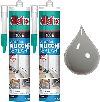 Akfix 100E RTV Gray Silicone Caulk (2x10.1 fl.oz.) - 100% Waterproof Silicone Sealant for Kitchen and Bathroom, Shower, Bathtub, Toilet, Sink, Window and Door, No Discoloring | Grey, 2 Pack