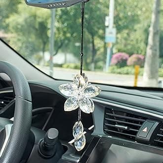 Crystal Flower Car Rear View Mirror Pendant Car Hanging Ornament Lucky Car Accessories (Gray)