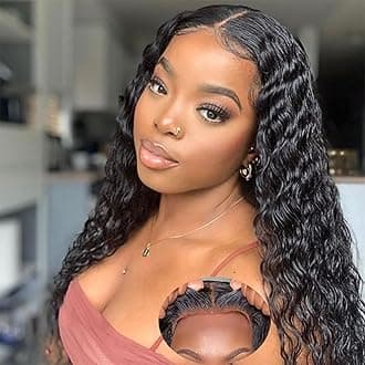 5x5 Hd Lace Closure Glueless wigs Human Hair Pre Plucked Pre Cut Wear and Go Deep Wave Lace Front Wigs for Black Women (16 inch)