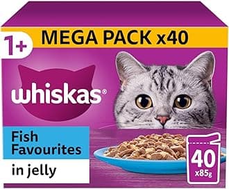 120 x 85g Whiskas 1+ Fish Favourites Mixed Adult Wet Cat Food Pouches in Jelly
