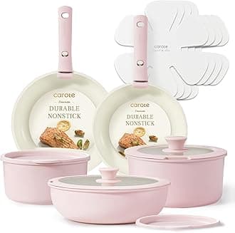 CAROTE Pots and Pans Set, Nonstick Cookware Sets Detachable Handle, 15pcs Induction Kitchen Cookware Set Non Stick with Removable Handle, Oven Safe, RV Cookware Set, Pink Granite