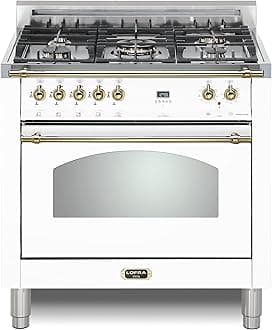 Lofra DolceVita Series 36 Inch Freestanding Dual Fuel Range Oven Stove, Cooktop 5 Sealed Brass Burners, Convection, 9 Cooking Modes, Knobs and Handrail Brass, in White