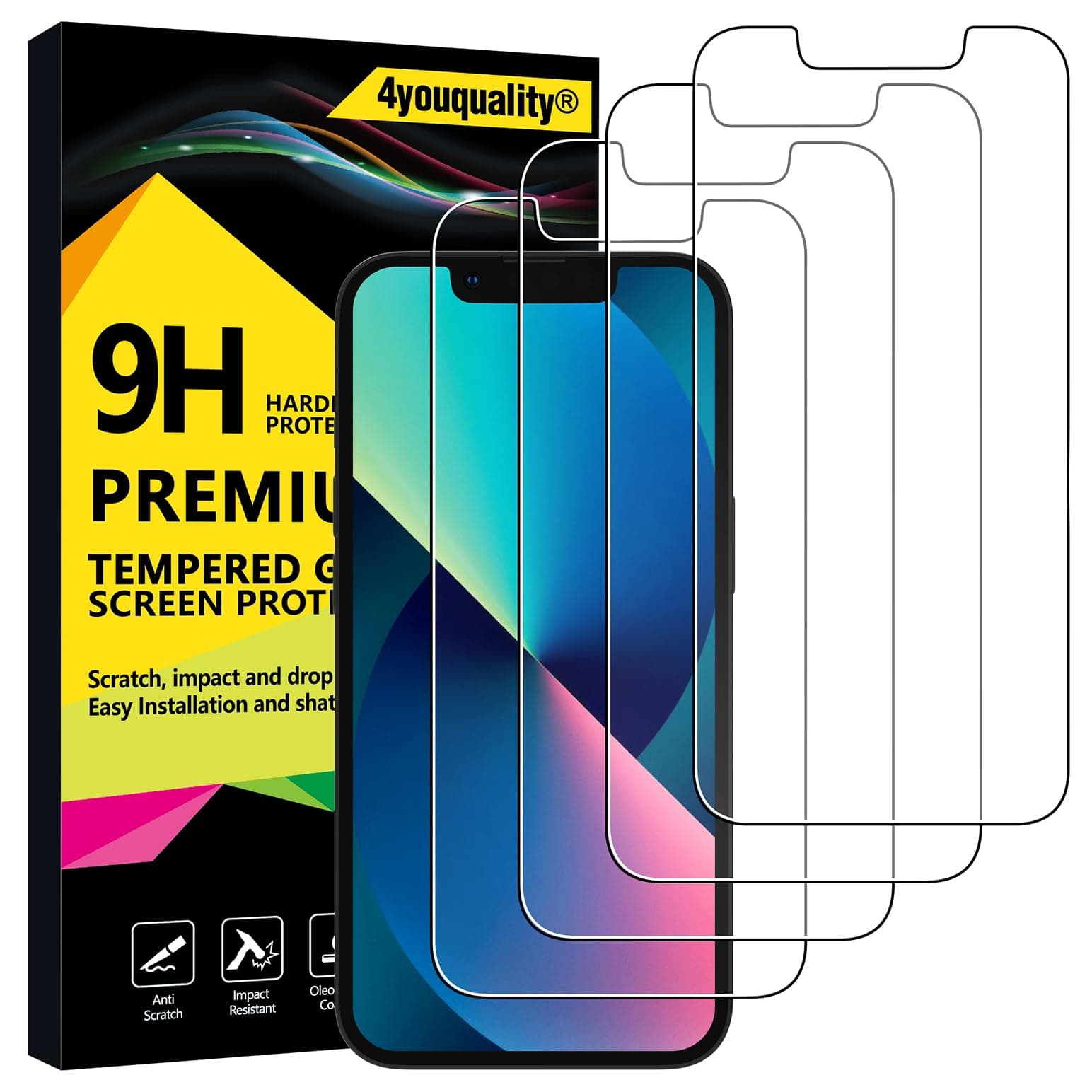 4youquality 4Pack Screen Protector for iPhone 17e / 16e, iPhone 14, iPhone 13 & 13 Pro 6.1-Inch, 9H Tempered Glass Film, Case Friendly, Impact-Protection, Ultra HD, LifetimeSupport