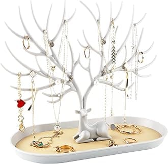 Jewelry Display Stand with Aluminum Alloy Handle, Tree Tower Rack Hanging Organizer Ring Earring Necklace Bracelet, Deer Antler Tree Stand with Storage Drawer and Tray