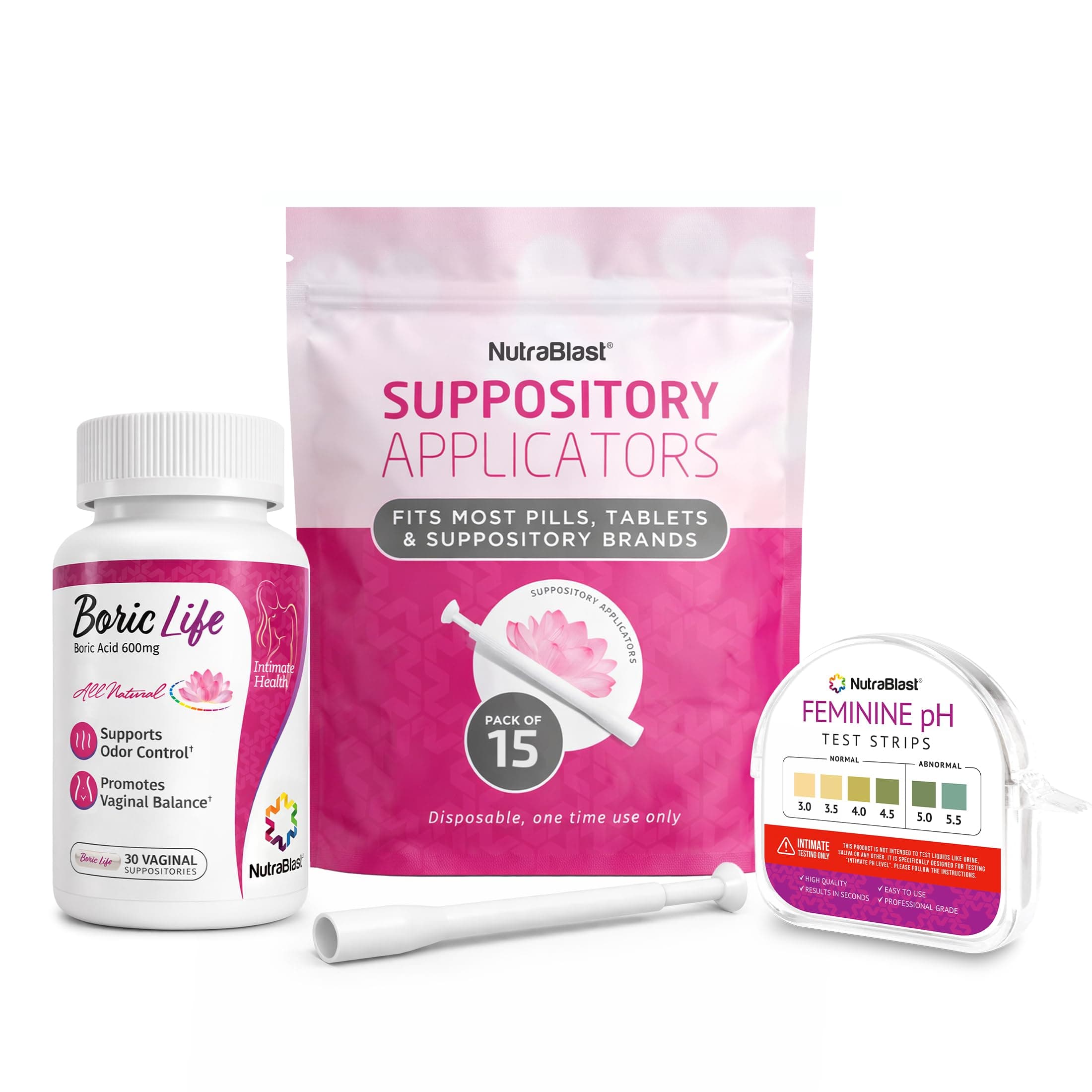 Boric Acid Suppositories 600mg (30 Count) Bundle with Disposable Suppository Applicators (15-Pack) and Feminine pH Test Strips 3.0-5.5 (100 Tests Roll)