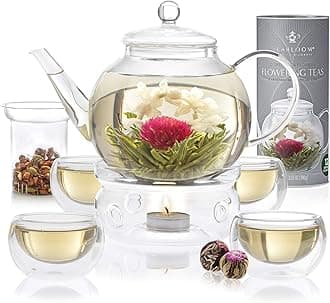 Complete Glass Tea Set – Teapot (40 oz), Loose Tea Infuser, 4 Insulated Teacups, Tea Warmer with Candlelight, and 12 Flowering Teas – Elegant Blooming Tea Gift Set
