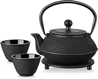 Velaze Cast Iron Teapots and Iron Cup with Infuser, 700 ml Black Enamelled Induction Teapot, Traditional Iron Teapot Set with Stainless Steel Basket, Cast Iron Tray and 2 Cups of Tea