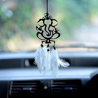 M H Villa Ganesha Dream Catcher Car Decoration Items Interior Spiritual Charm Car Hanging Accessories Interior Protection Ornament for Positive Vibes Car Mirror Hanging Gift - Black & White