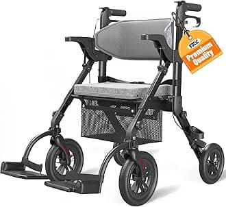 VOCIC Rollator-Walkers-for-Seniors-with-Seat, Walker Wheelchair Combo, Transport-Wheelchair-Lightweight-Foldable, Adult Walkers All Terrain, 2 in 1 Rolling Walker Chair with Brakes & Pouch-2024 New