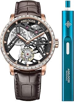 AGELOCER Men's Double-Sided Hollow Tourbillon Hand-Operated Mechanical Leather Wristwatch