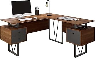 Reversible L Shaped Desk with File Cabinet and Drawers 59” W – Modern Versatile L Shaped Office Desk with Drawers and File Cabinet - Brown