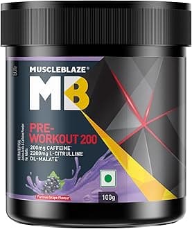 MuscleBlaze Pre Workout 200, 200mg Caffeine, 2200mg Citrulline (Furious Grape, Pack of 100g powder, 20 servings)