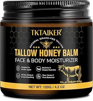Beef Tallow For Skin, The Face, Moisturising Sebum Balm With Raw Honey And Beeswax, Blend Of From Grass-Fed Cattle Wild Honey, Moisture