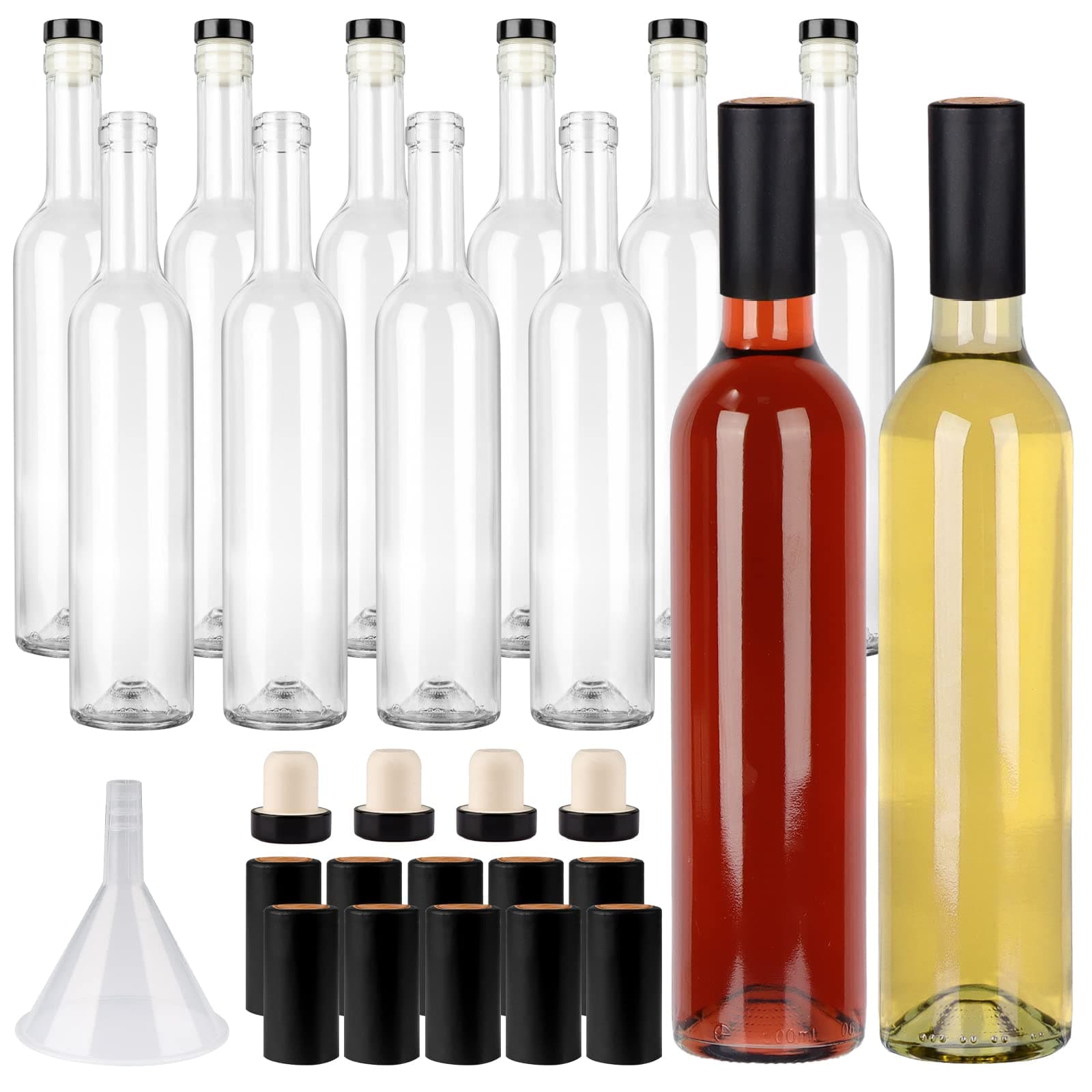 12 Pack 16oz Clear Glass Bottles with Cork Lids and PVC Shrink Capsules, 500 ml Empty Home Brewing Wine Bottles with Funnel for Sparkling Wine, Juice, Kombucha, Beverages