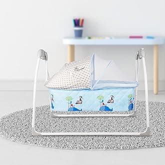R for Rabbit Baby Cradle Automatic Swing with 5 Point Safety Harness, Remote Control, Mosquito Net, Soothing Musical, Extra Cushion, Kids Bassinet for Baby Age 0-2 Year (Blue)