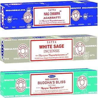 Satya Relaxation Mix Incense Sticks 3-Pack Assortment | Slow-Burning, Long-Lasting Nag Champa, White Sage & Buddha's Bliss (15g Each)