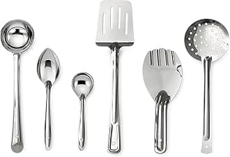 Prakshitham 6 Piece Heavy Gauge Stainless Steel Cooking Spoon Set for Kitchen – Spatula, Ladle, Skimmer, Rice & Serving Spoons | Durable Cooking Utensils Set | Murugan Stainless Steel