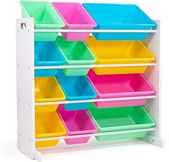 Toy Storage Organiser for Children & Toddlers, with 12 BPA Free Plastic Removeable Storage Bins, Ideal for Storing Toys, Games, Books and Craft Supplies - White/Pink/Blue/Green/Yellow